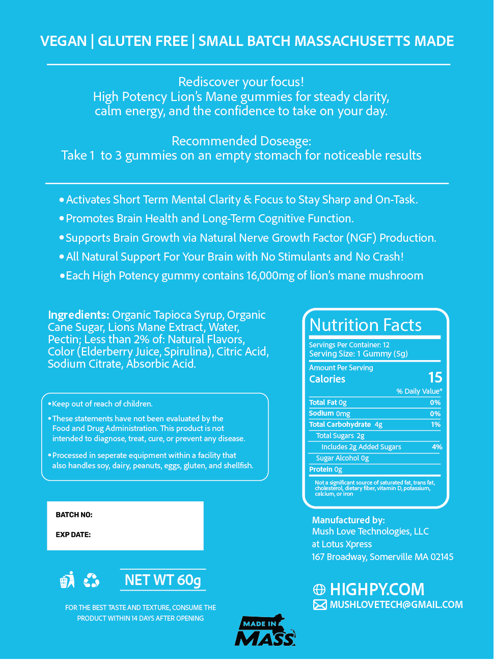 Mind Focus Gummy - High PotencY Lion's Mane Extract for the Brain